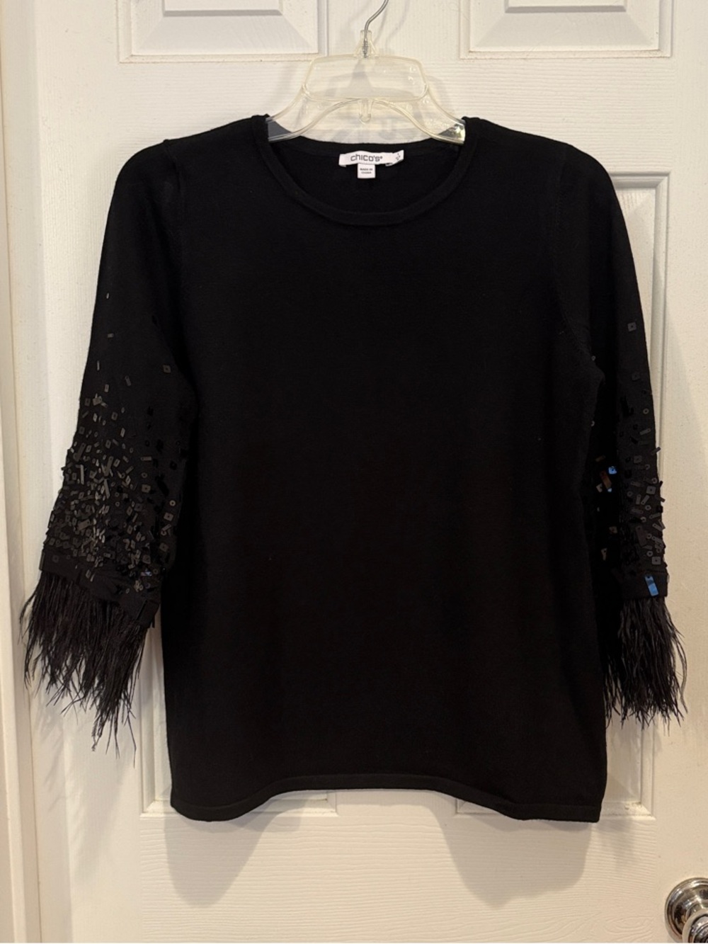 Chico's Black Sequin & Feather Trim Pullover